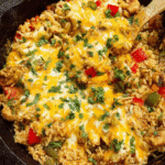 Chicken fajita rice skillet in one pan topped with melted cheese