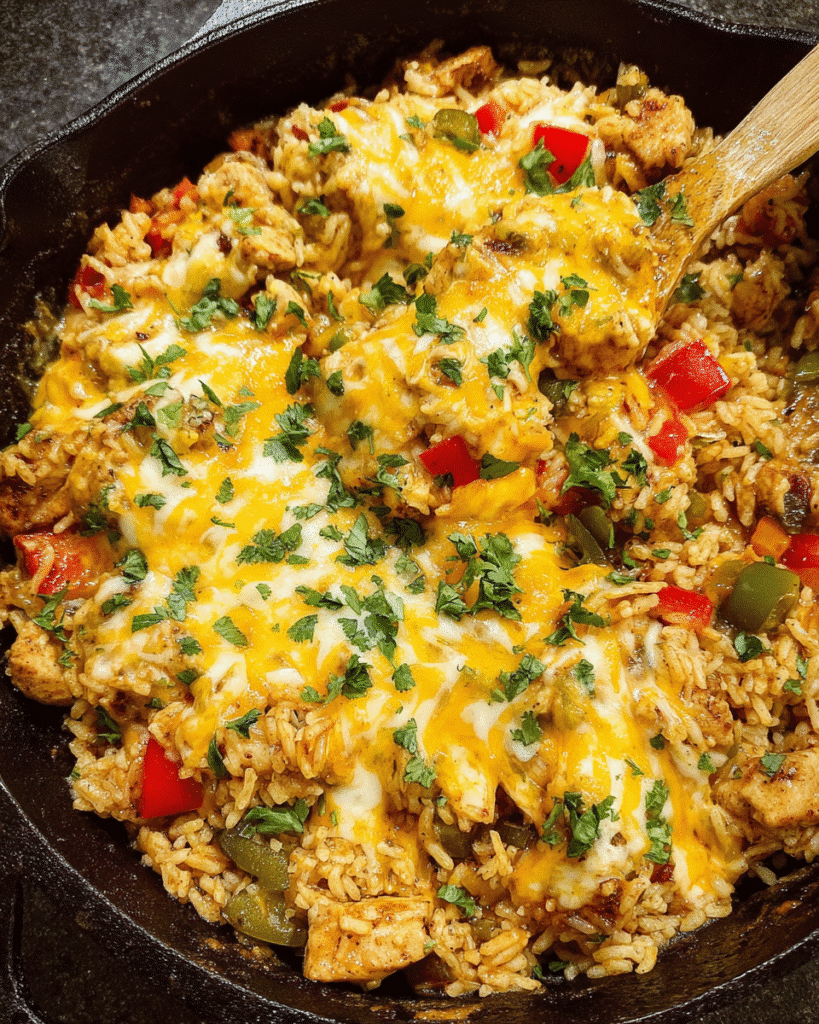 Chicken fajita rice skillet in one pan topped with melted cheese