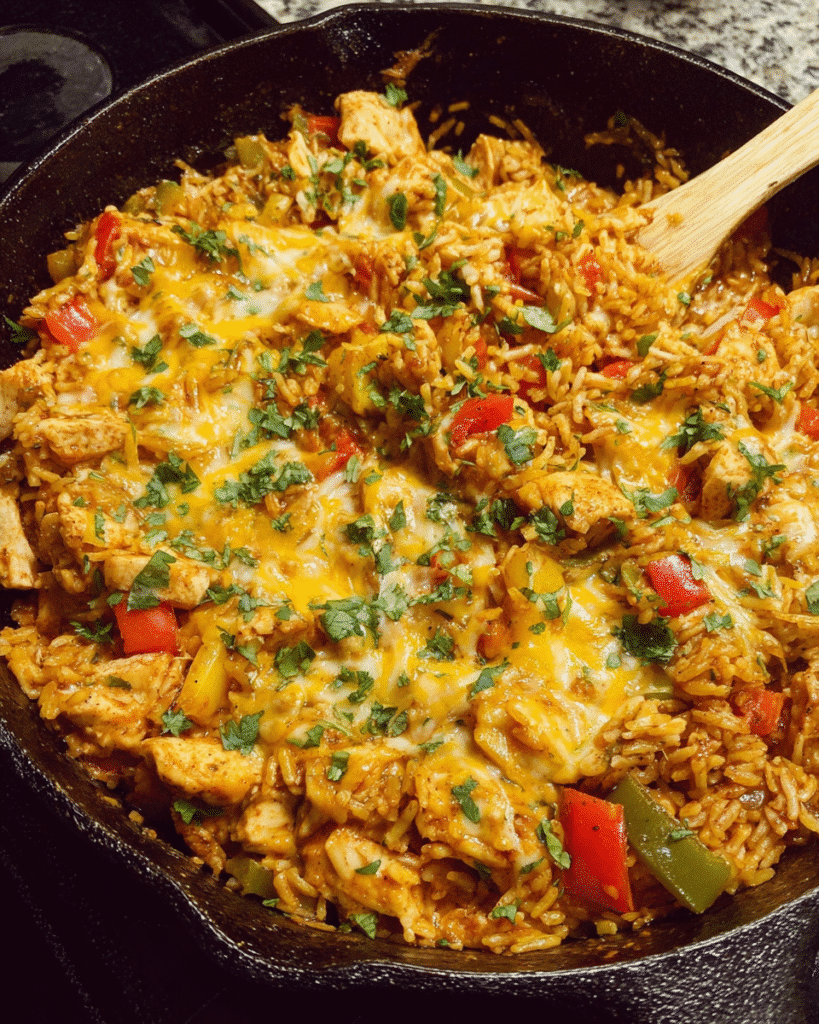 Chicken fajita rice skillet in one pan topped with melted cheese