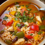 Chicken fajita soup with rice, beans, and Tex-Mex spices in a bowl