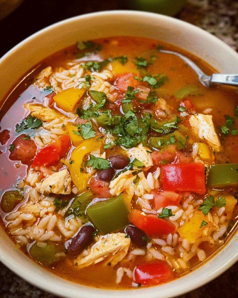 Chicken fajita soup with rice, beans, and Tex-Mex spices in a bowl