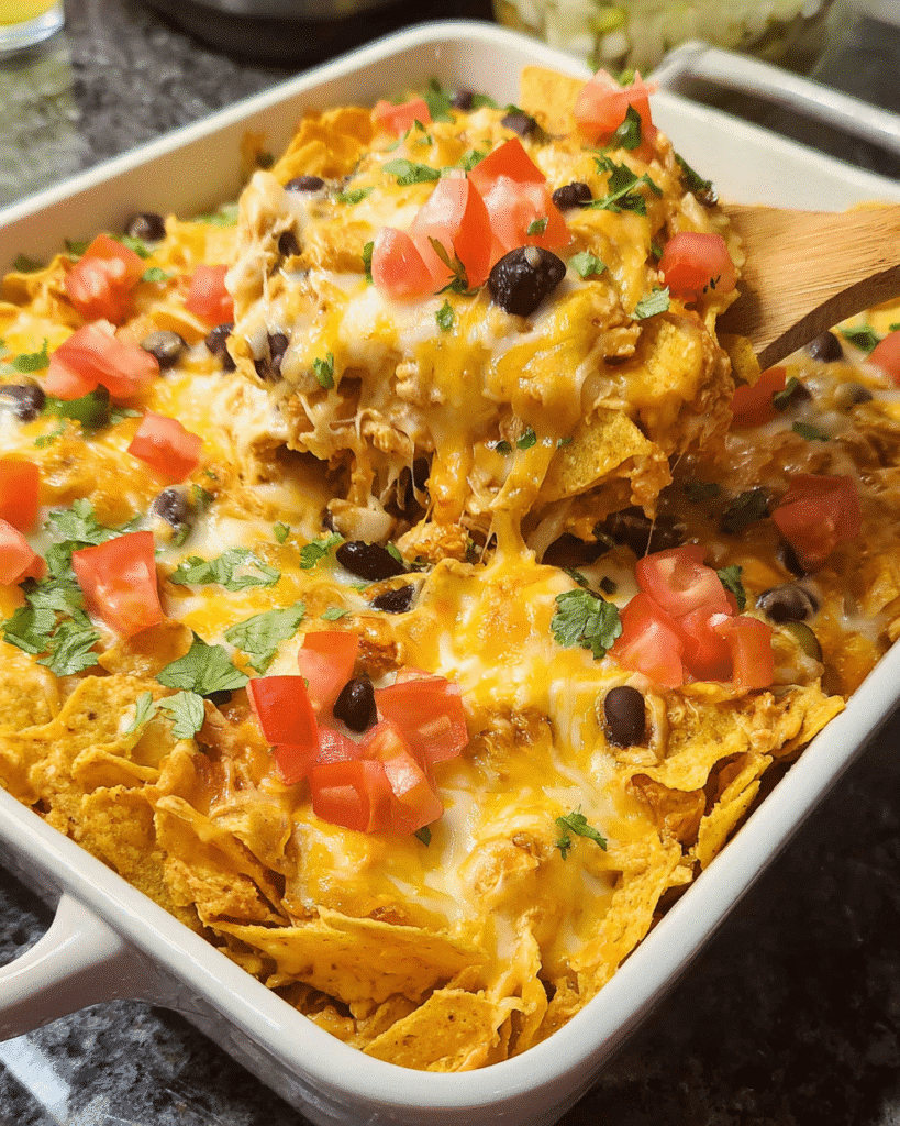 Chicken Nacho Casserole topped with cheese, tomatoes, and jalapeños