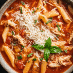 Bowl of Chicken Parmesan Soup topped with basil and melted cheese