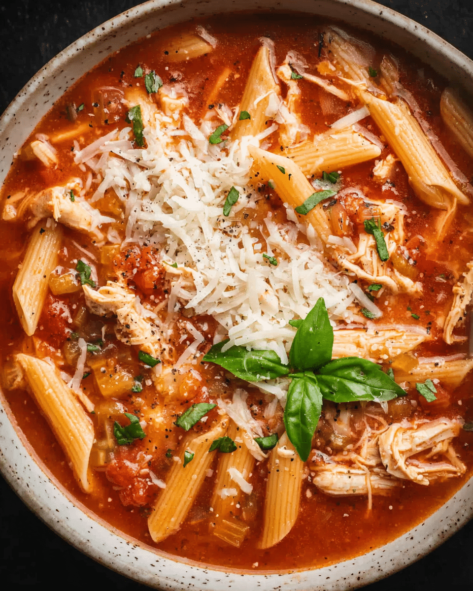 Bowl of Chicken Parmesan Soup topped with basil and melted cheese