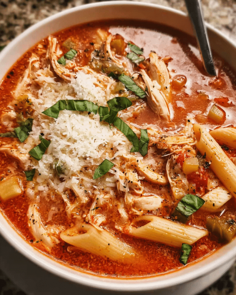 Bowl of Chicken Parmesan Soup topped with basil and melted cheese