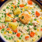 Creamy Chicken Pot Pie Soup in a bowl with biscuits