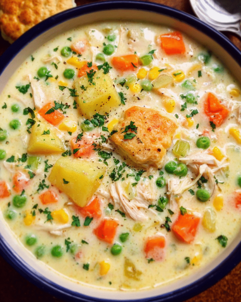 Creamy Chicken Pot Pie Soup in a bowl with biscuits