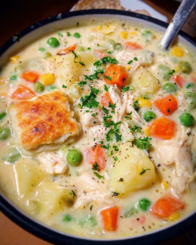 Creamy Chicken Pot Pie Soup in a bowl with biscuits