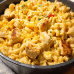 Chicken Taco Mac and Cheese in a skillet topped with cheese