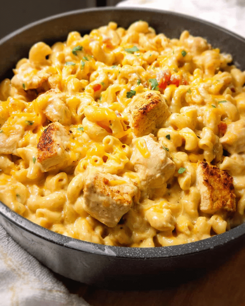 Chicken Taco Mac and Cheese in a skillet topped with cheese
