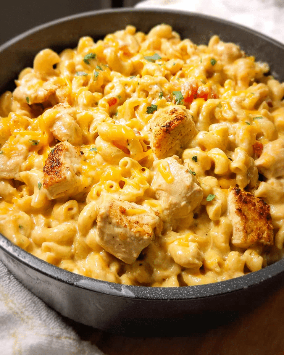 Chicken Taco Mac and Cheese in a skillet topped with cheese