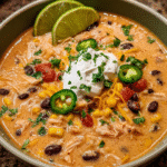Bowl of Chicken Taco Soup with Creamy Cheese and toppings