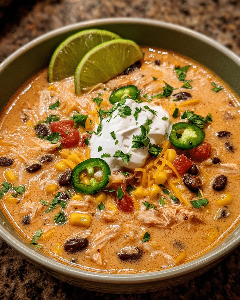 Bowl of Chicken Taco Soup with Creamy Cheese and toppings