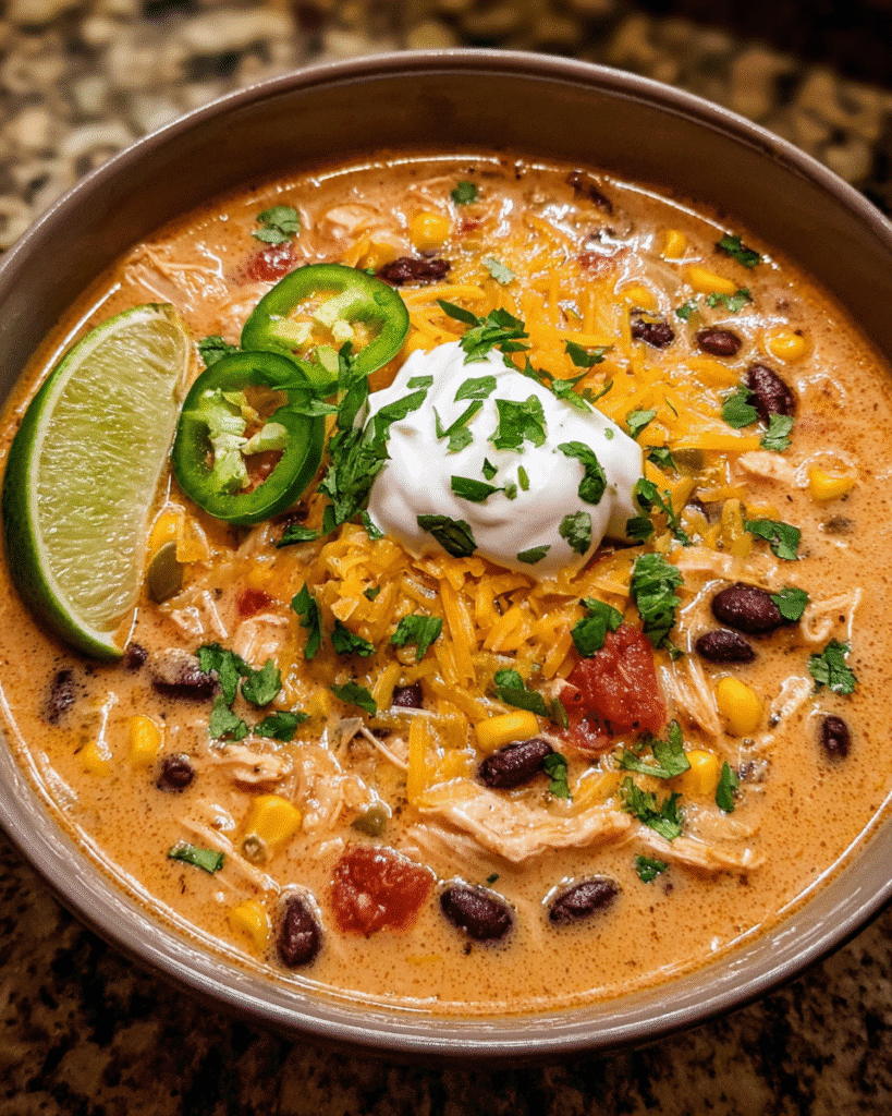 Bowl of Chicken Taco Soup with Creamy Cheese and toppings
