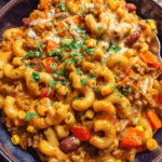 Vegan chili mac and cheese in a bowl topped with cilantro
