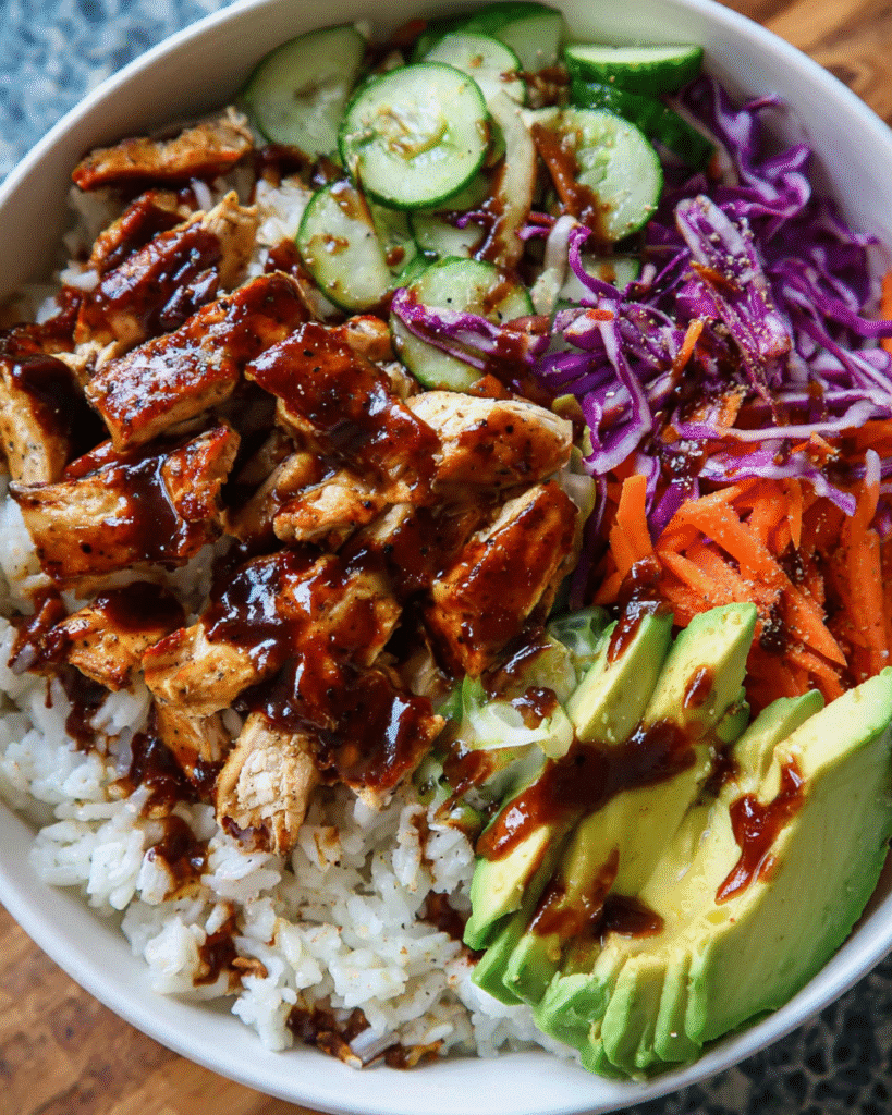 Creamy BBQ chicken rice bowl with avocado, cabbage, and BBQ sauce
