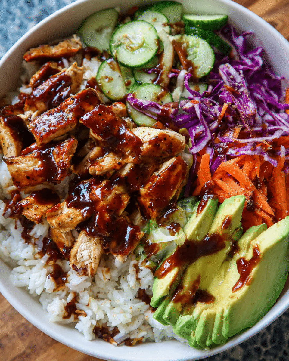 Creamy BBQ chicken rice bowl with avocado, cabbage, and BBQ sauce
