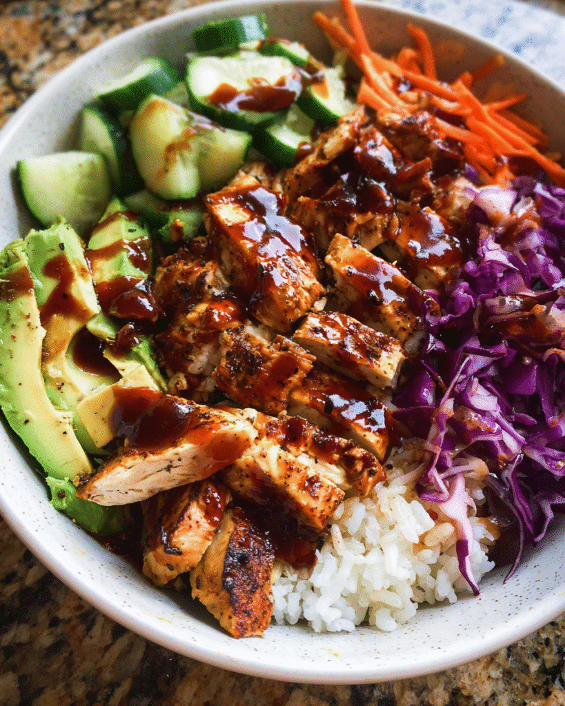 Creamy BBQ chicken rice bowl with avocado, cabbage, and BBQ sauce