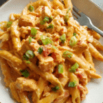 Creamy Buffalo Chicken Pasta in skillet with melted cheese and green onions
