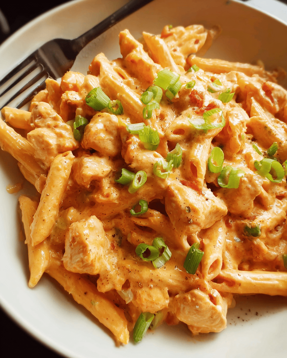 Creamy Buffalo Chicken Pasta in skillet with melted cheese and green onions