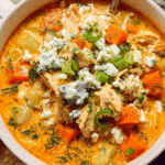 Bowl of creamy buffalo chicken soup with toppings