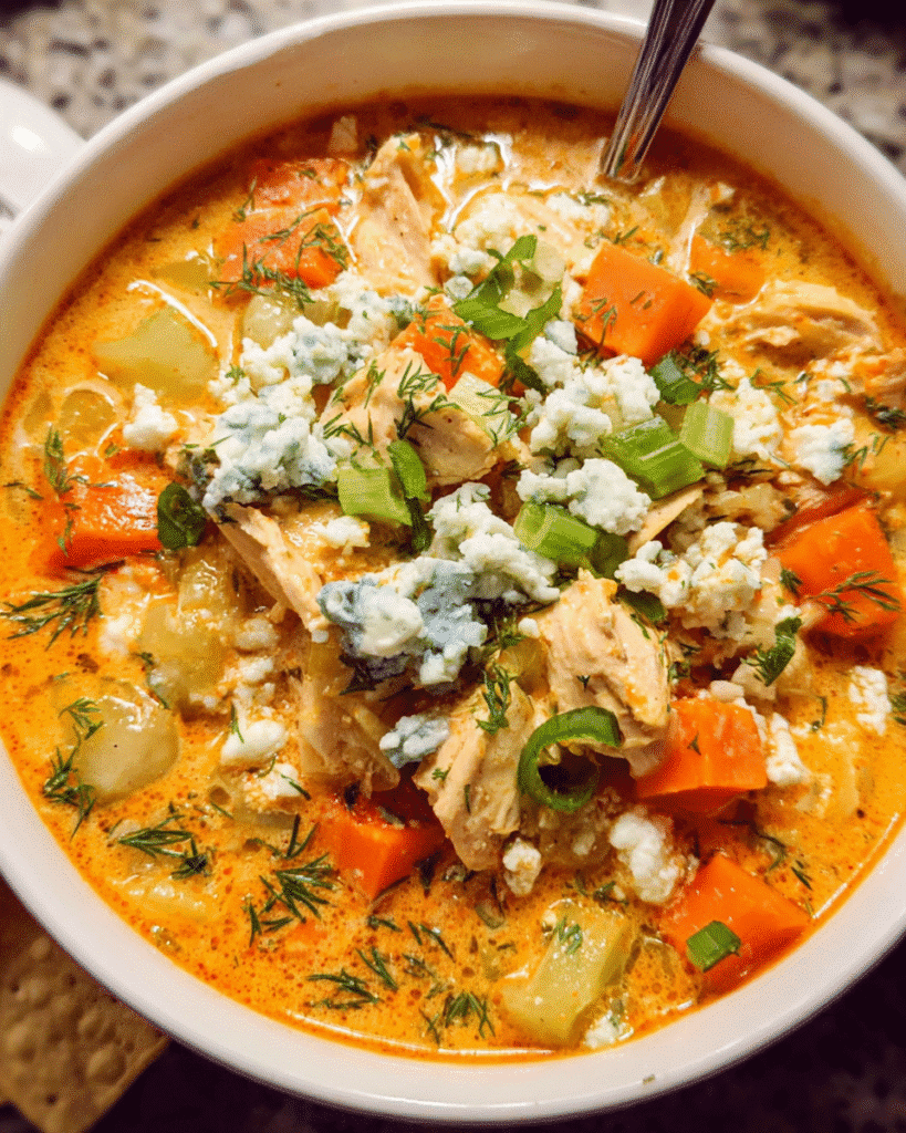 Bowl of creamy buffalo chicken soup with toppings