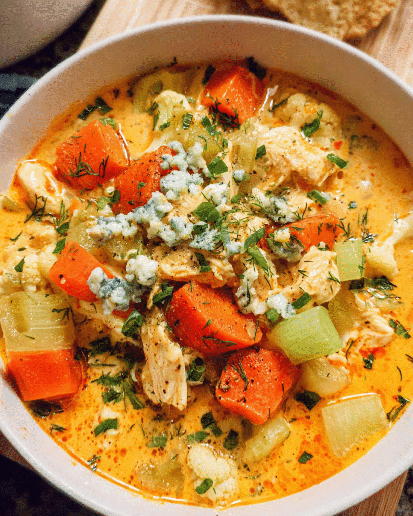 Bowl of creamy buffalo chicken soup with toppings