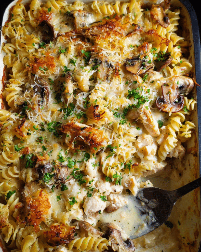 Creamy chicken alfredo pasta bake with melted cheese