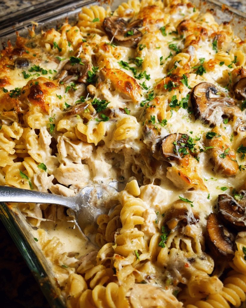 Creamy chicken alfredo pasta bake with melted cheese