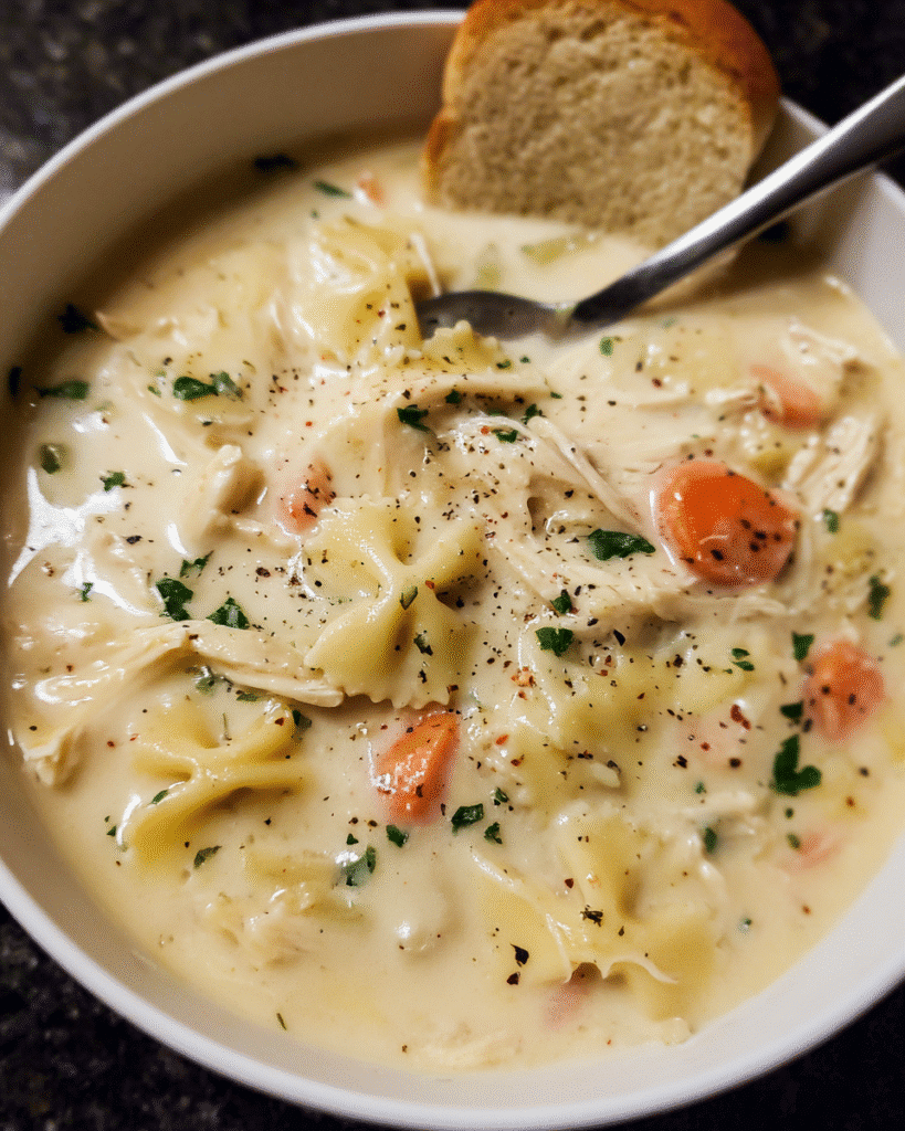 Bowl of creamy chicken Alfredo soup with bowtie pasta and parsley