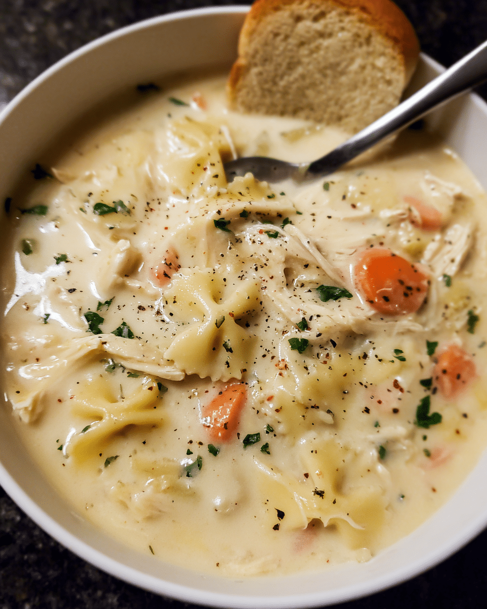 Bowl of creamy chicken Alfredo soup with bowtie pasta and parsley