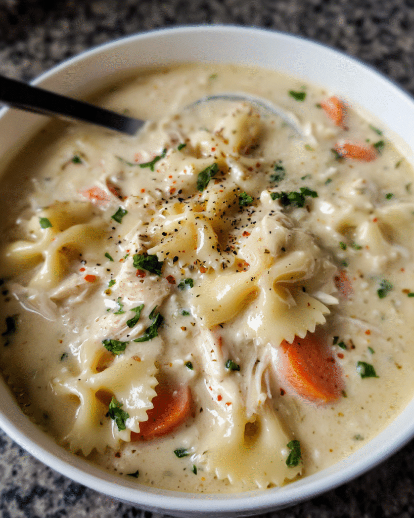 Bowl of creamy chicken Alfredo soup with bowtie pasta and parsley