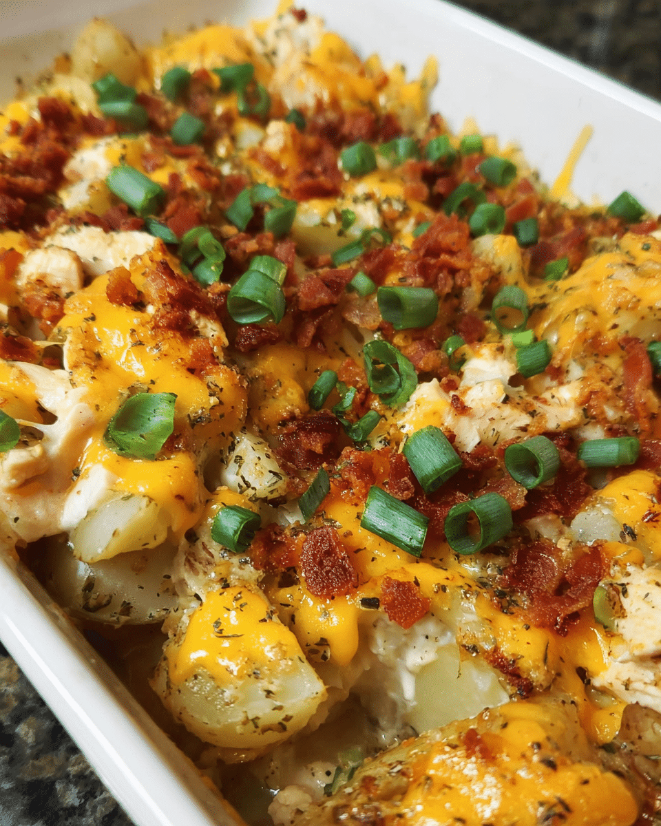 Creamy Chicken Bacon Potato Bake fresh from the oven with melted cheese and crispy turkey bacon