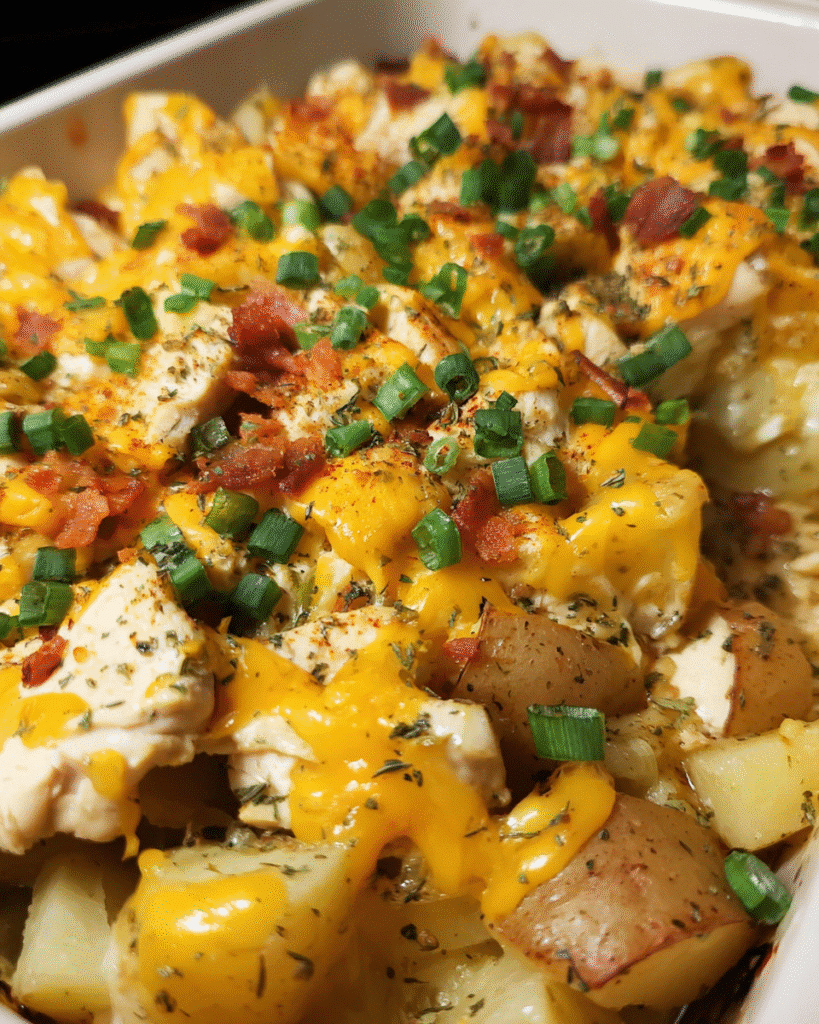 Creamy Chicken Bacon Potato Bake fresh from the oven with melted cheese and crispy turkey bacon