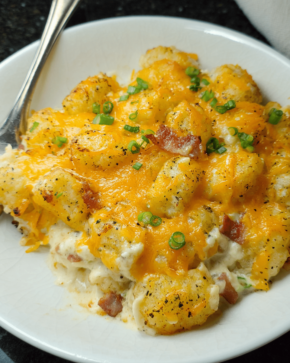Creamy Chicken Bacon Tater Tot Casserole in a baking dish topped with melted cheese and green onions