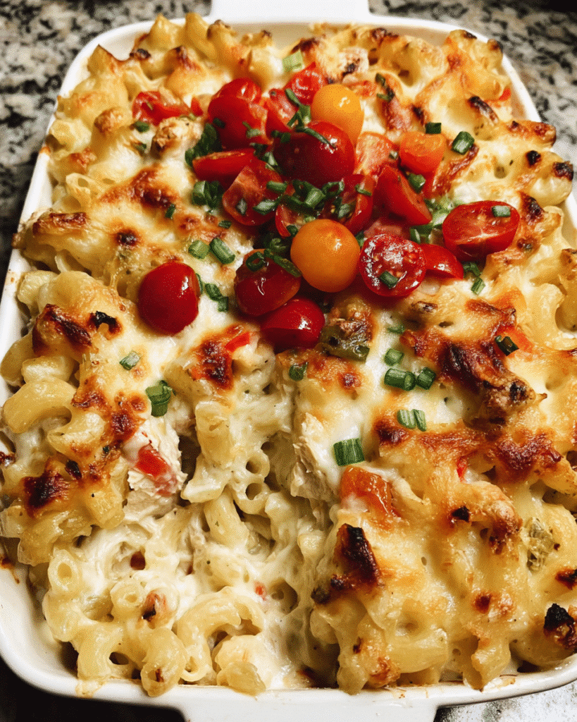Creamy Chicken Enchilada Pasta Bake in a casserole dish with melted cheese and fresh toppings