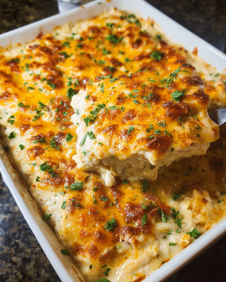 Creamy Chicken Ranch Lasagna layered with cheese and herbs in a casserole dish