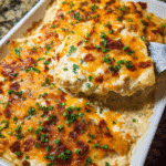 Creamy Chicken Ranch Lasagna layered with cheese and herbs in a casserole dish