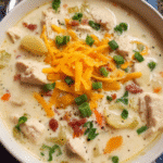 A bowl of creamy chicken ranch soup with cheddar and green onions
