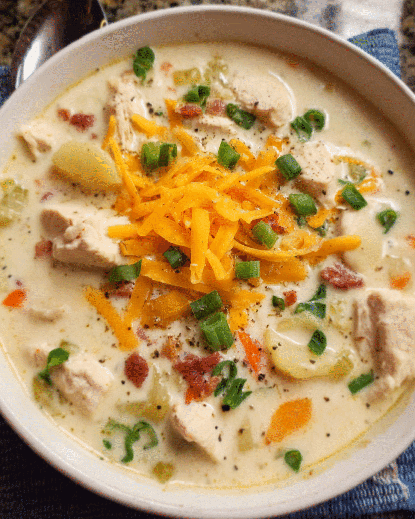 A bowl of creamy chicken ranch soup with cheddar and green onions