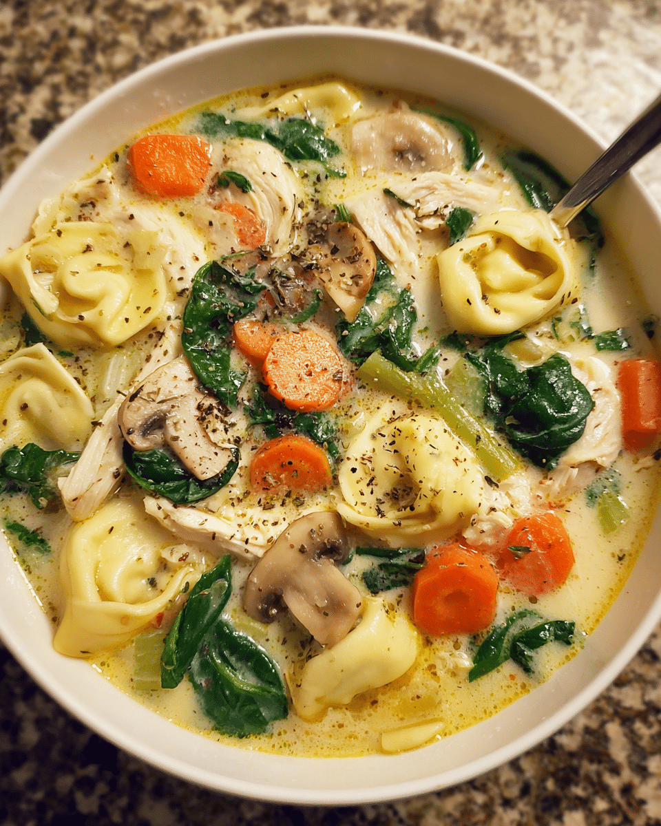 Bowl of creamy chicken spinach tortellini soup with fresh vegetables