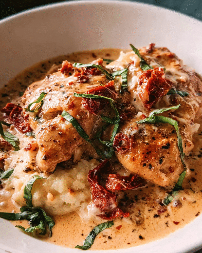 creamy chicken sun-dried tomato skillet in pan
