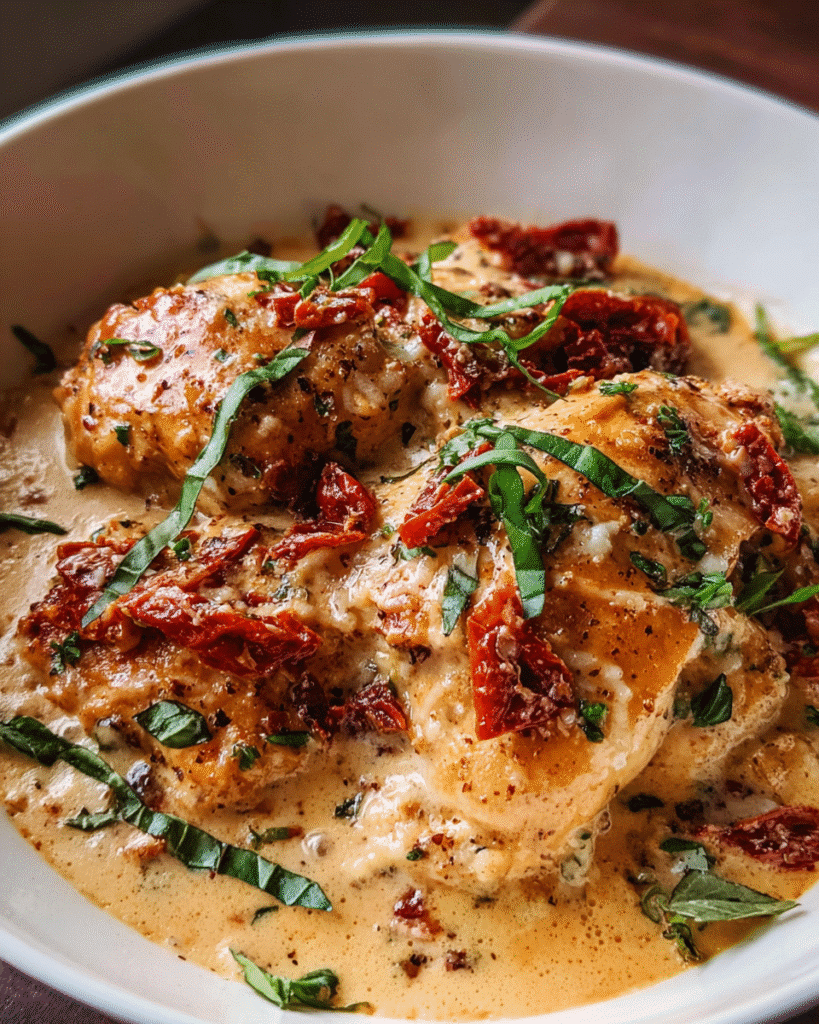 creamy chicken sun-dried tomato skillet in pan