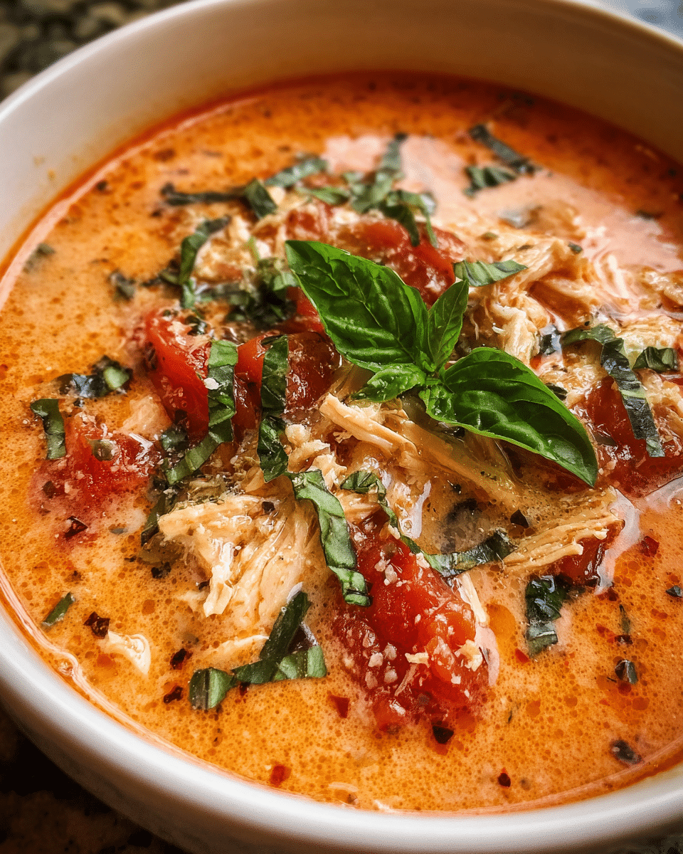 Bowl of creamy chicken tomato basil soup with fresh basil garnish