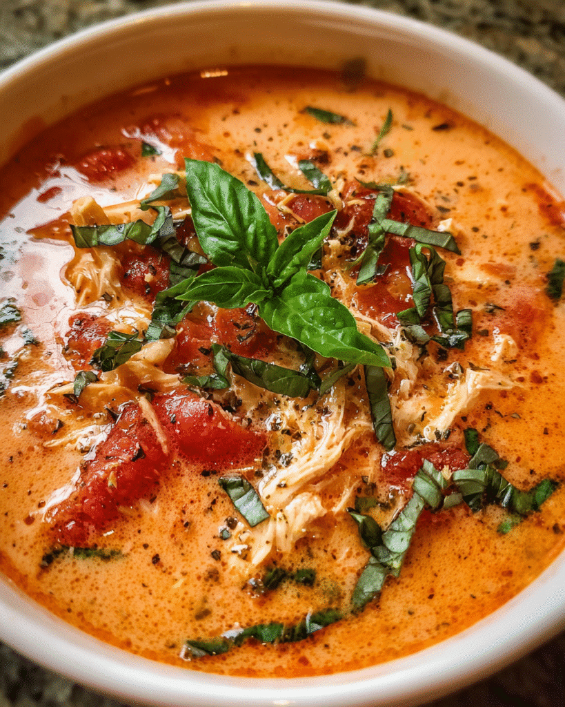 Bowl of creamy chicken tomato basil soup with fresh basil garnish