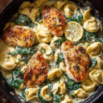 Creamy Chicken and Spinach Tortellini in a skillet with parmesan
