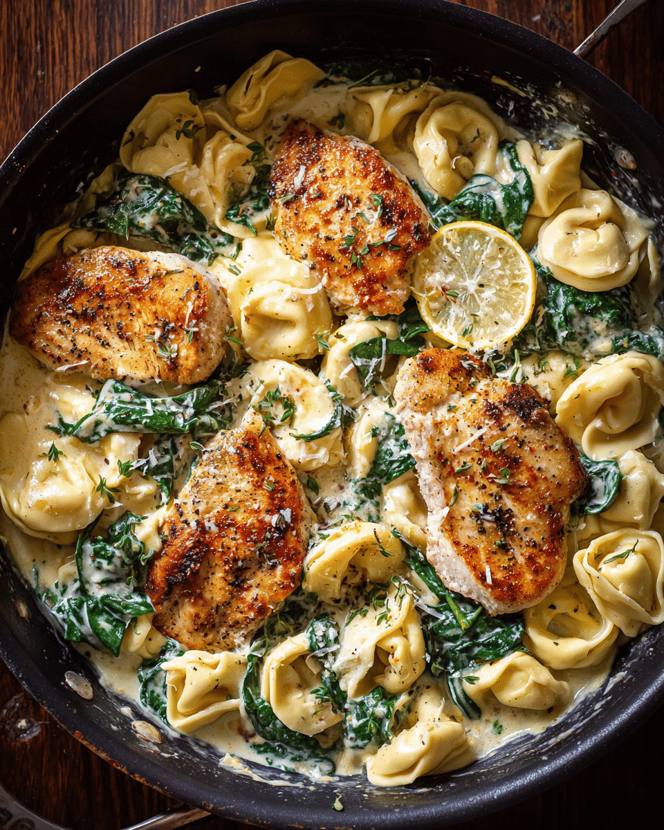 Creamy Chicken and Spinach Tortellini in a skillet with parmesan