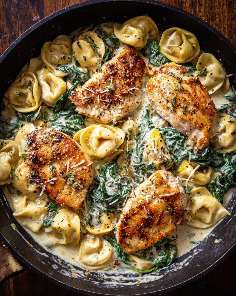 Creamy Chicken and Spinach Tortellini in a skillet with parmesan