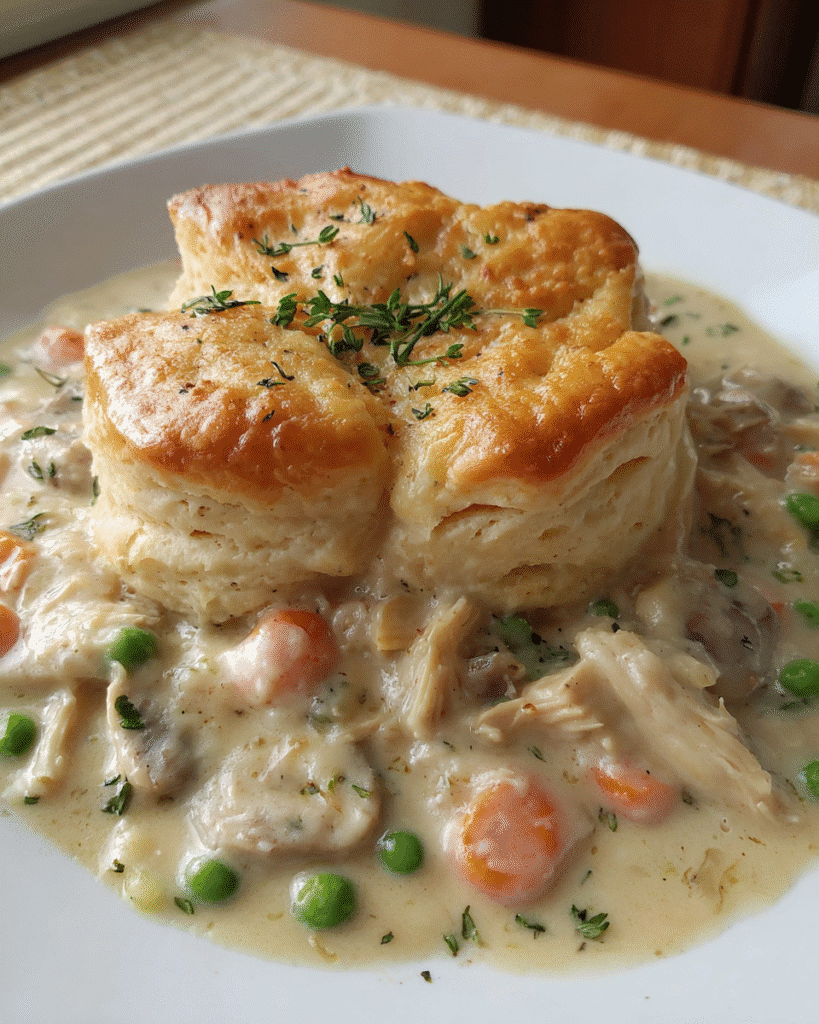 Creamy Garlic Chicken Biscuit Bake in a white baking dish with golden brown biscuits on top.