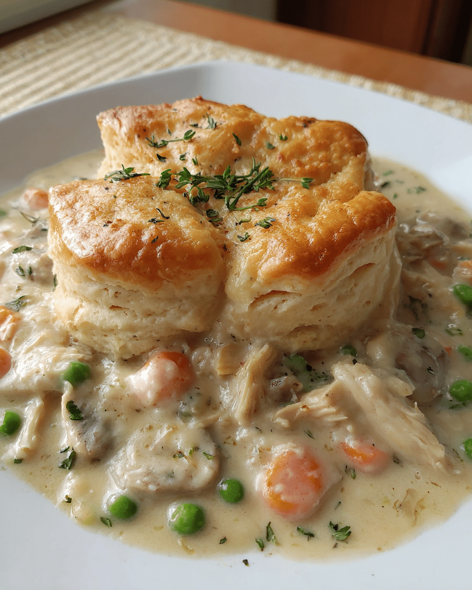 Creamy Garlic Chicken Biscuit Bake in a white baking dish with golden brown biscuits on top.